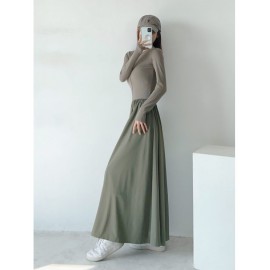 Autumn And Winter New College Style Retro Solid Side Pocket Long Sleeve Up And Down Stitch Dress
