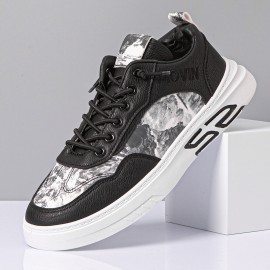 Men Leather Breathable Soft Sole Brief Pattern Lace Up Platform Comfy Court Shoes