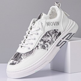 Men Leather Breathable Soft Sole Brief Pattern Lace Up Platform Comfy Court Shoes