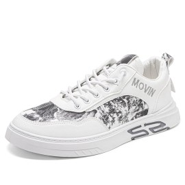 Men Leather Breathable Soft Sole Brief Pattern Lace Up Platform Comfy Court Shoes