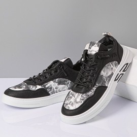 Men Leather Breathable Soft Sole Brief Pattern Lace Up Platform Comfy Court Shoes