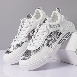 Men Leather Breathable Soft Sole Brief Pattern Lace Up Platform Comfy Court Shoes