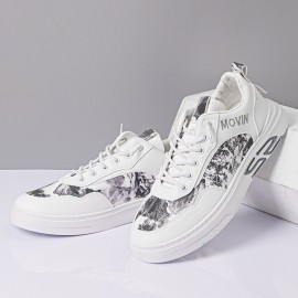 Men Leather Breathable Soft Sole Brief Pattern Lace Up Platform Comfy Court Shoes