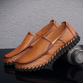 Men Cowhide Leather Hollow Out Breathable Hand Stitching Soft Sole Slip On Casual Shoes