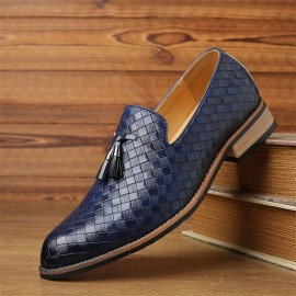 Men Leather Breathable Vintage Weave Tassel Pointed Toe Slip On Comfy Casual Business Shoes