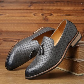 Men Leather Breathable Vintage Weave Tassel Pointed Toe Slip On Comfy Casual Business Shoes