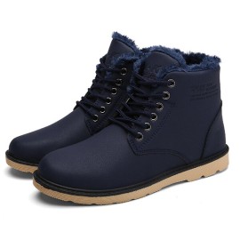 Men Comfortable Warm Fur Lining Leather Laces Up Boots Shoes