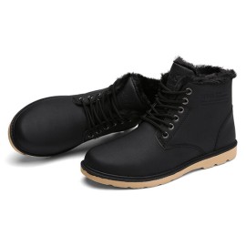 Men Comfortable Warm Fur Lining Leather Laces Up Boots Shoes