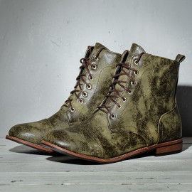 Men Leather Breathable Soft Sole Non Slip Lace Up Square Heel Casual Martin Boots