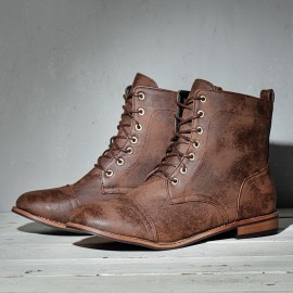 Men Leather Breathable Soft Sole Non Slip Lace Up Square Heel Casual Martin Boots