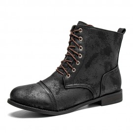 Men Leather Breathable Soft Sole Non Slip Lace Up Square Heel Casual Martin Boots