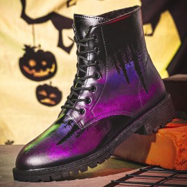 Men Leather Halloween Printing Soft Sole Round Toe Comfy Colorful Casual Martin Boots
