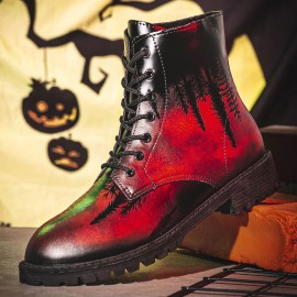 Men Leather Halloween Printing Soft Sole Round Toe Comfy Colorful Casual Martin Boots