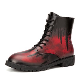 Men Leather Halloween Printing Soft Sole Round Toe Comfy Colorful Casual Martin Boots