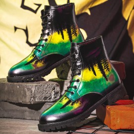 Men Leather Halloween Printing Soft Sole Round Toe Comfy Colorful Casual Martin Boots
