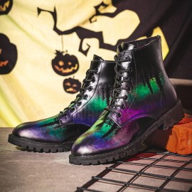 Men Leather Halloween Printing Soft Sole Round Toe Comfy Colorful Casual Martin Boots