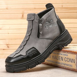 Men Leather Breathable Soft Sole Halloween Skull Pattern Zipper Casual Martin Ankle Boots