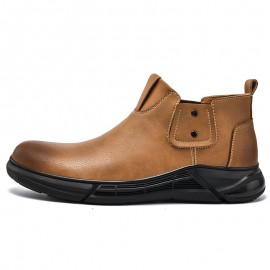 Men Retro Cowhide Leather Non Slip Soft Sole Elastic Slip On Chelsea Boots