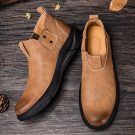 Men Retro Cowhide Leather Non Slip Soft Sole Elastic Slip On Chelsea Boots