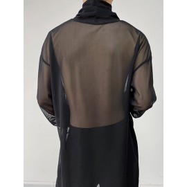 Mens Sheer Mesh See Through High Neck Long Sleeve T-Shirt