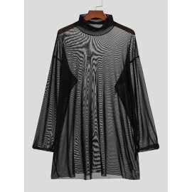 Mens Sheer Mesh See Through High Neck Long Sleeve T-Shirt
