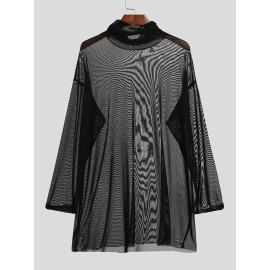 Mens Sheer Mesh See Through High Neck Long Sleeve T-Shirt