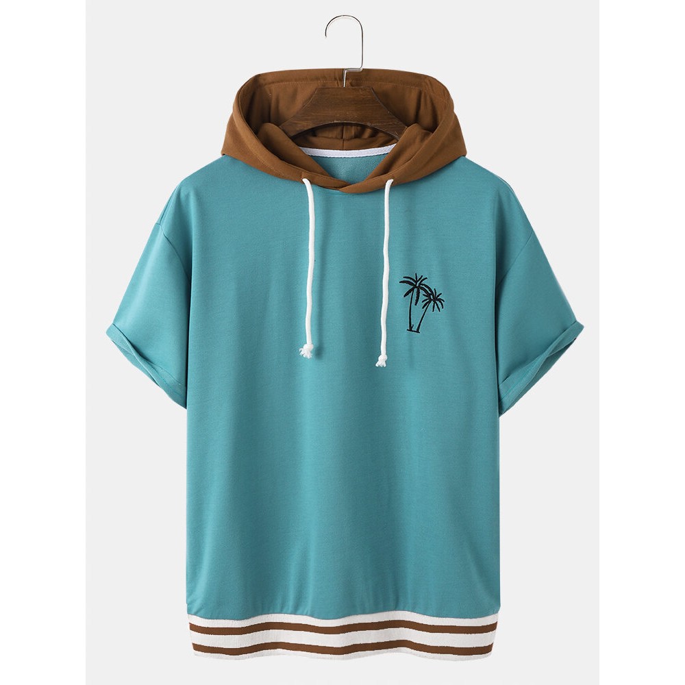 Mens Hooded Coconut Tree Embroidery Patchwork Drop Shoulder T-Shirts