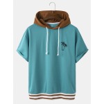 Mens Hooded Coconut Tree Embroidery Patchwork Drop Shoulder T-Shirts