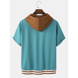 Mens Hooded Coconut Tree Embroidery Patchwork Drop Shoulder T-Shirts