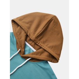 Mens Hooded Coconut Tree Embroidery Patchwork Drop Shoulder T-Shirts