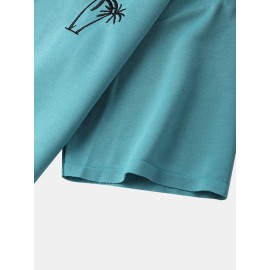 Mens Hooded Coconut Tree Embroidery Patchwork Drop Shoulder T-Shirts