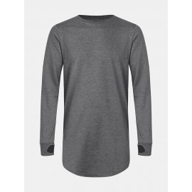 Mens Solid Color Cotton Ripped Cuff Long Sleeve Loose T-Shirts