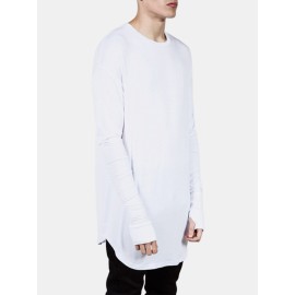 Mens Solid Color Cotton Ripped Cuff Long Sleeve Loose T-Shirts