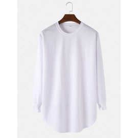 Mens Solid Color Cotton Ripped Cuff Long Sleeve Loose T-Shirts