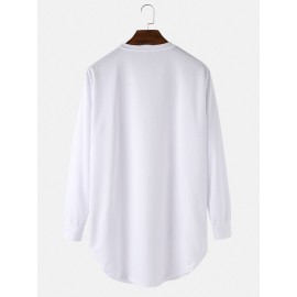Mens Solid Color Cotton Ripped Cuff Long Sleeve Loose T-Shirts