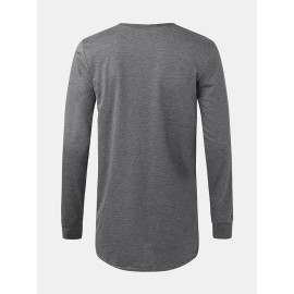 Mens Solid Color Cotton Ripped Cuff Long Sleeve Loose T-Shirts