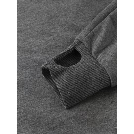 Mens Solid Color Cotton Ripped Cuff Long Sleeve Loose T-Shirts