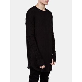 Mens Solid Color Cotton Ripped Cuff Long Sleeve Loose T-Shirts