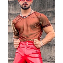 Men Shiny Shimmer Sheer Mesh See Through Short Sleeve T-Shirt