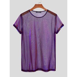Men Shiny Shimmer Sheer Mesh See Through Short Sleeve T-Shirt