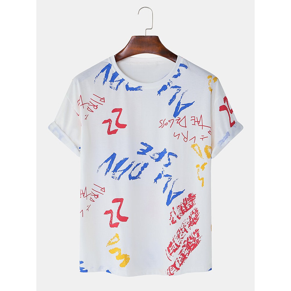 Mens Script Print Crew Neck Short Sleeve Casual T-Shirts