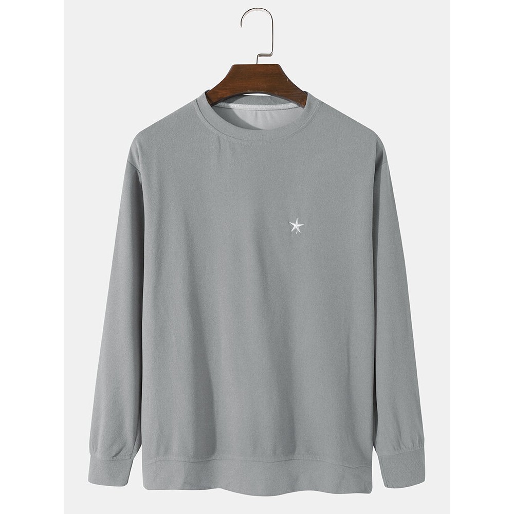 Mens Classic Simple Solid Embroidery Star Thread Material Long-Sleeved T-Shirt