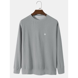 Mens Classic Simple Solid Embroidery Star Thread Material Long-Sleeved T-Shirt