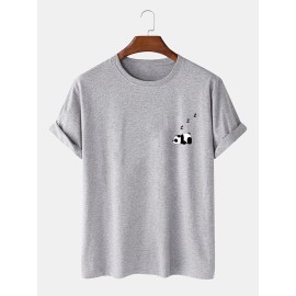 Mens 100% Cotton Solid Color Panda Print Thin Casual T-Shirt