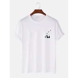 Mens 100% Cotton Solid Color Panda Print Thin Casual T-Shirt