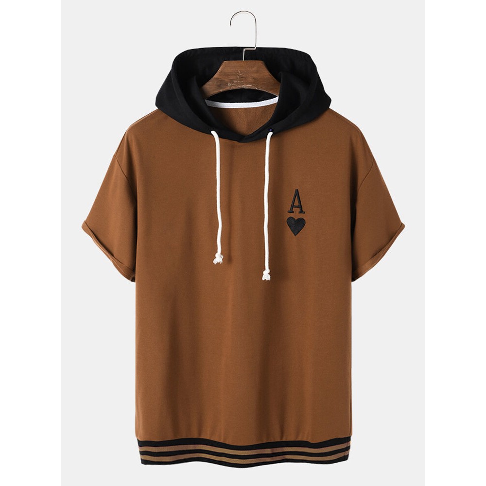 Mens Two Tone A Poker Embroidery Patchwork Drop Shoulder Casual Hooded T-Shirts