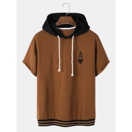 Mens Two Tone A Poker Embroidery Patchwork Drop Shoulder Casual Hooded T-Shirts