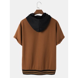 Mens Two Tone A Poker Embroidery Patchwork Drop Shoulder Casual Hooded T-Shirts