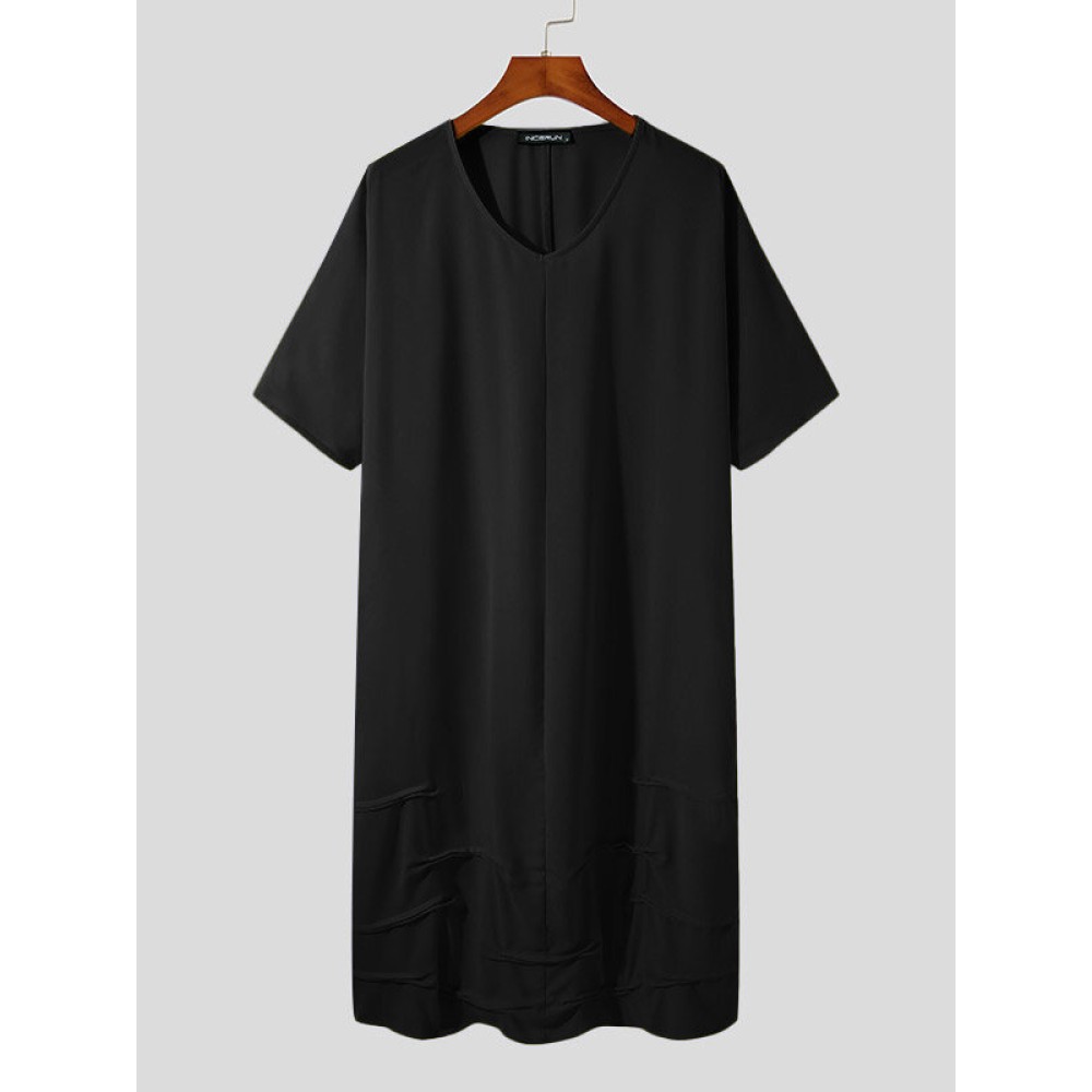 Mens V-neck Loose Short-sleeved Mid-length Dress Robe