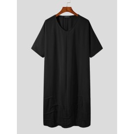 Mens V-neck Loose Short-sleeved Mid-length Dress Robe